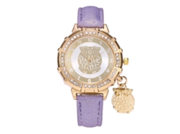 Relógio de Pulso Feminino com Pingente de Coruja e Pedras Strass Pulseira de Couro Pu Roxo