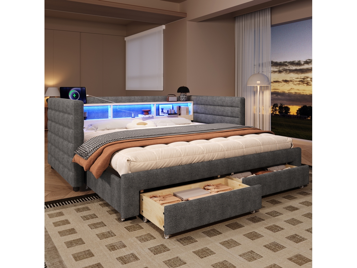 Sofa Cama 90x190cm Usb Tipo-c Gavetas Iluminação Led Seda Cinza