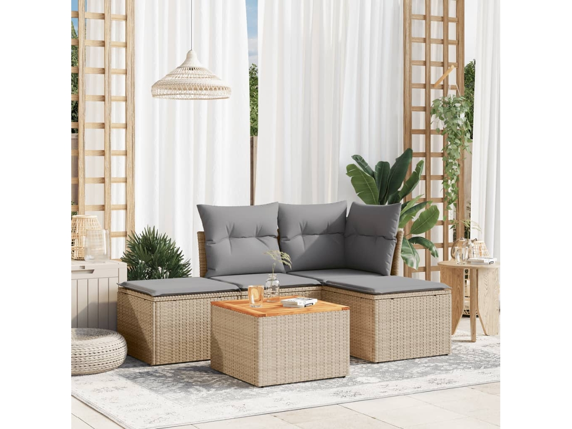 Vidaxl 5 Pcs Conj. Sofás Jardim C/ Almofadões Vime Pe Bege Misturado
