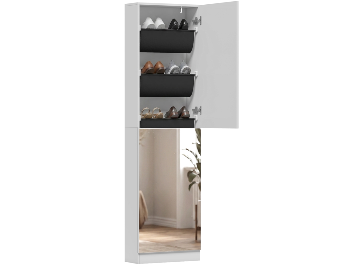 Sapateira Com Espelho, 5 Prateleiras Estreitas Com Portas De Fecho Suave, Para 12 Pares, 50 X 20 X 180 Cm, Branca