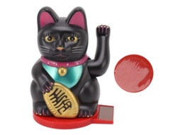Gato da Sorte Solar com Braço Balançante, Base Giratória, Decorativo, Preto, 4 Polegadas