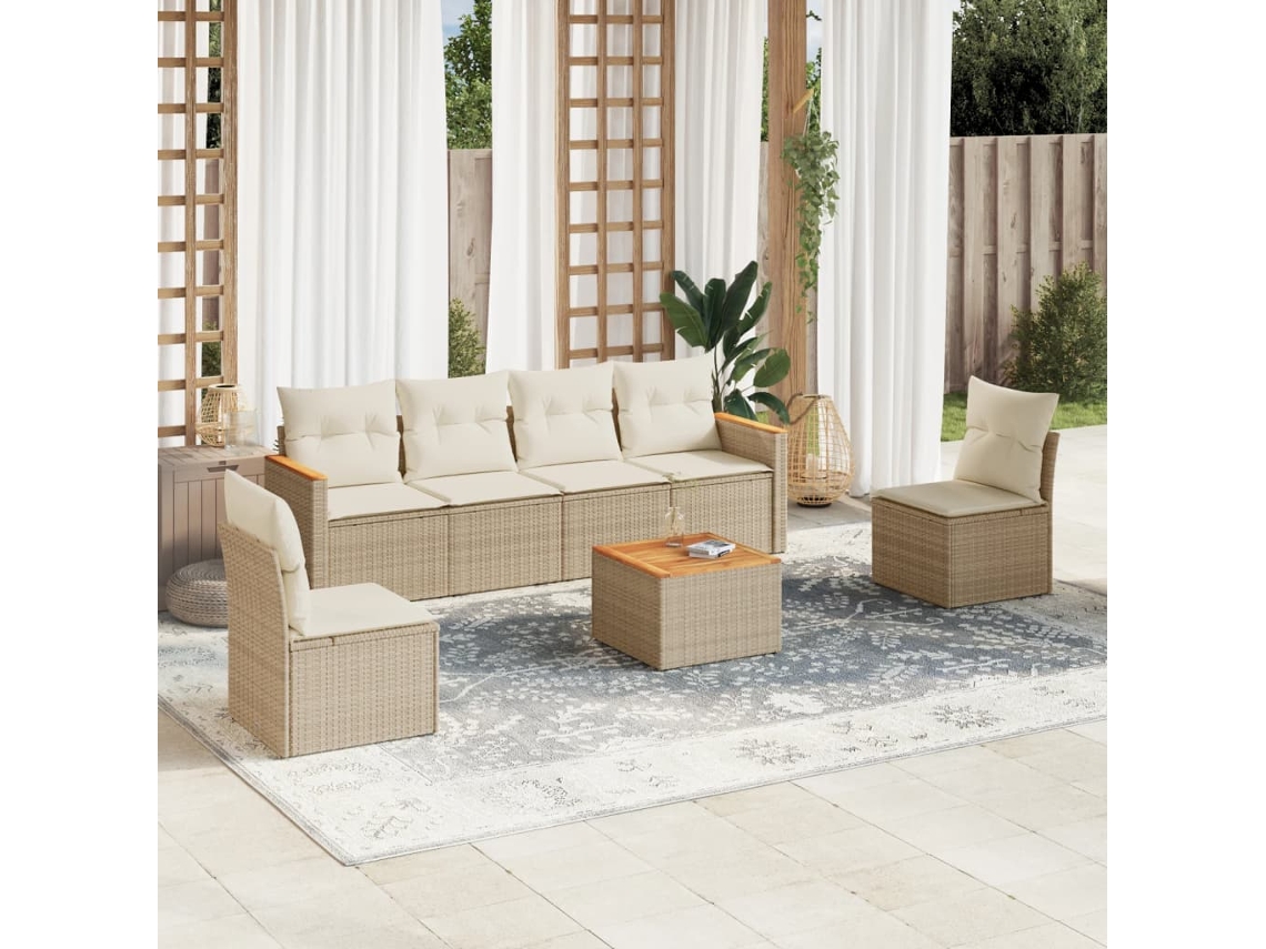 Vidaxl 7 Pcs Conjunto De Sofás P/ Jardim Com Almofadões Vime Pe Bege