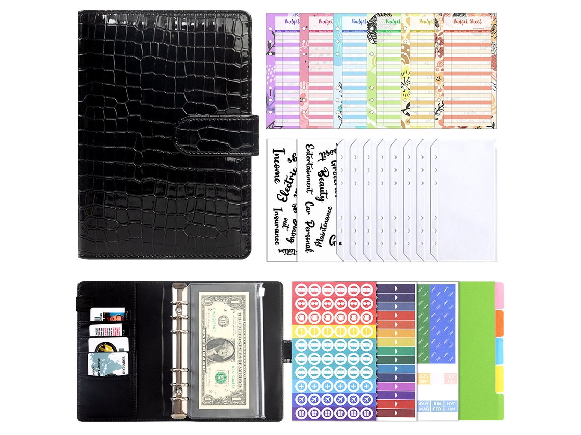 A6 Refillable Pu Leather Croc Embossed Notebook Journal With Zipper Pouch Cash Budget Organizer Includes 12-cash Cards