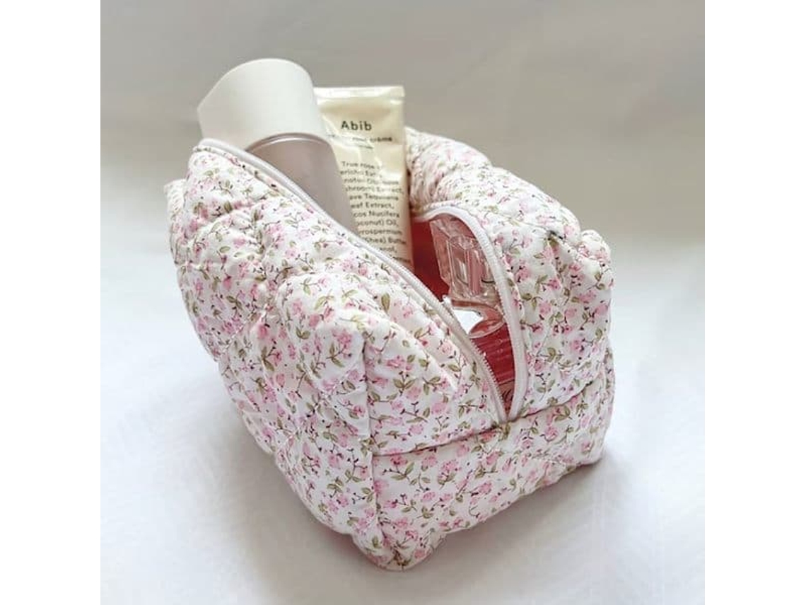 Nécessaire De Viagem Grande, Acolchoada E Floral, Rosa.