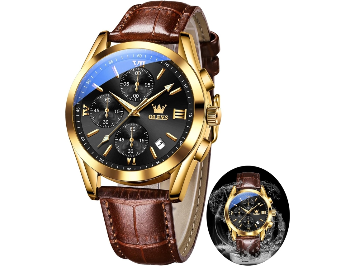 Lurelia Relógio Cronógrafo Masculino, Movimento De Quartzo, Couro, Resistente À Água 30m, Preto, Dourado