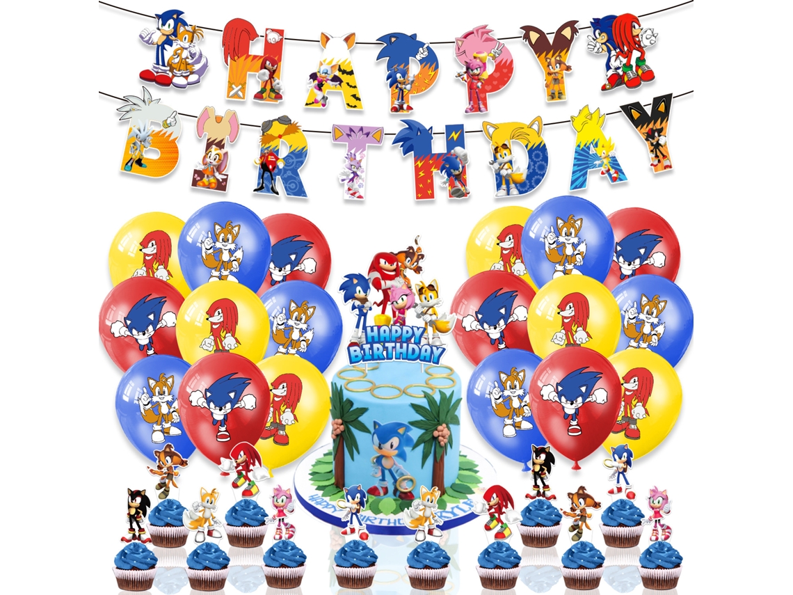 Conjunto De Decoração Para Festa De Aniversário Com Tema Sonic The Hedgehog Bolo Com Bandeira Sonic Drag E Pingentes De Balão Em Espiral