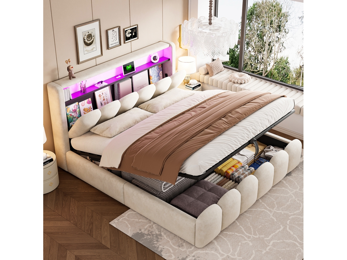 Cama Multifuncional 180x200 Cm - Função Hidráulica, Portas Usb E Led, Design Em Pétalas - Bege