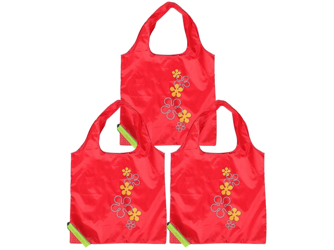 Conjunto de 3 Sacolas de Compras Dobráveis ​​vermelhas com Bolso Sacola Portátil Reutilizável para Compras GOKOCO
