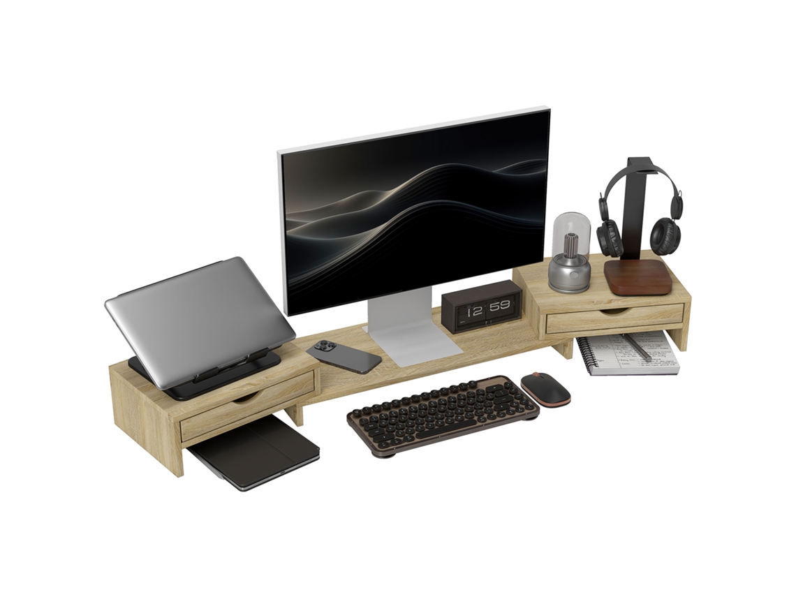 Suporte para monitor de computador, ajustável, com 2 gavetas, 60-116cm
