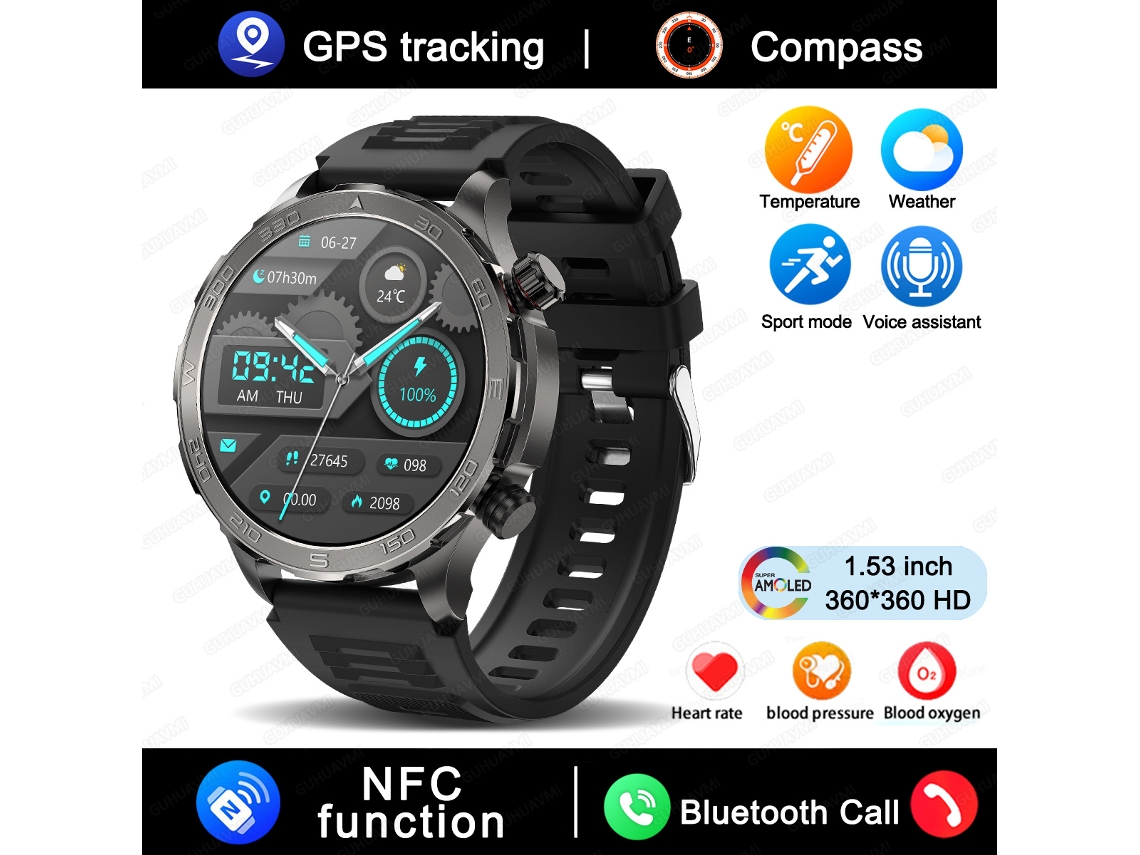 Smartwatch (em Couro Preto), Equipado Com Tela Hd De 1,53 Polegadas, Gps, Nfc E Capacidade De Fazer Chamadas.