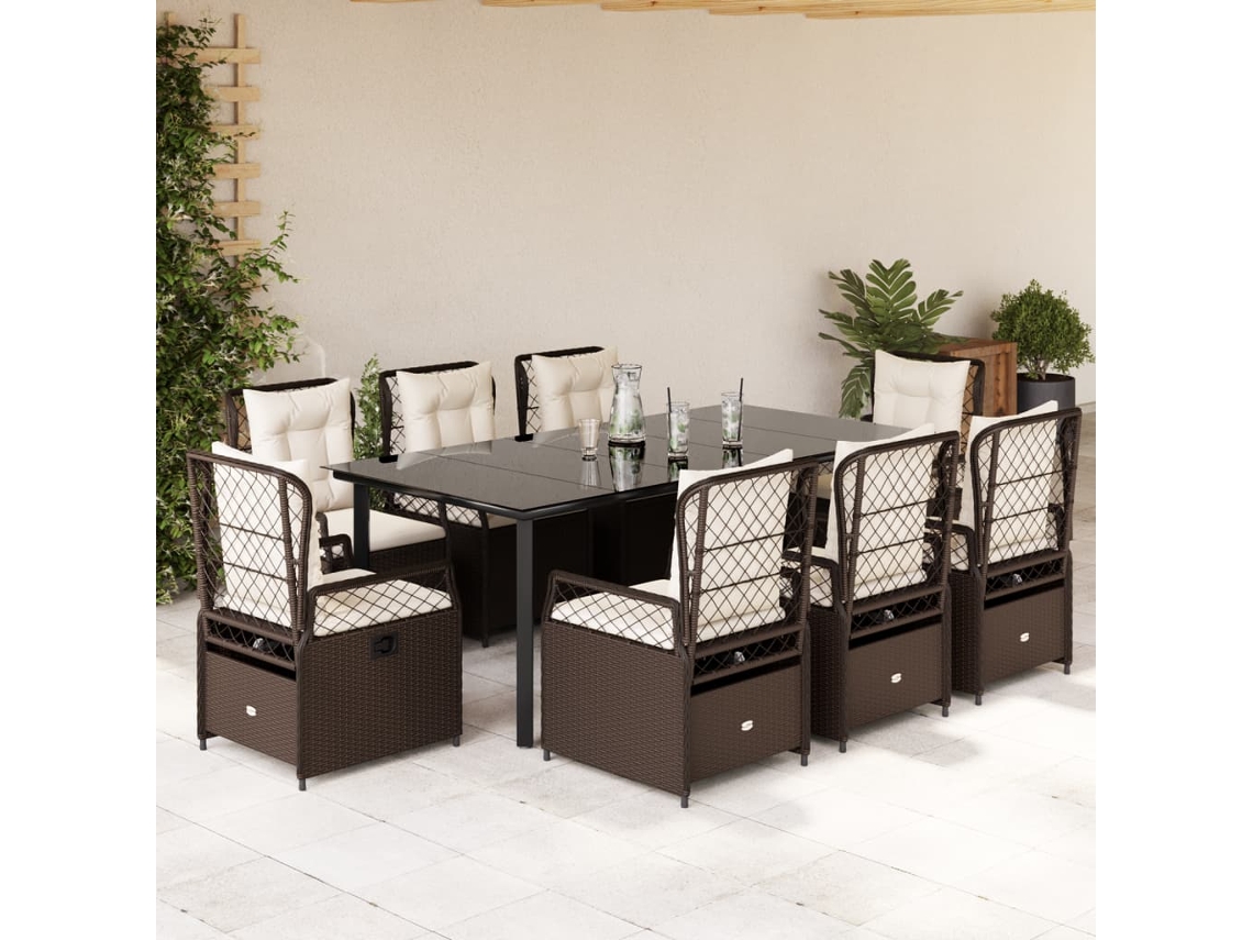 Vidaxl 9 Pcs Conjunto Jantar P/ Jardim C/ Almofadões Vime Pe Castanho