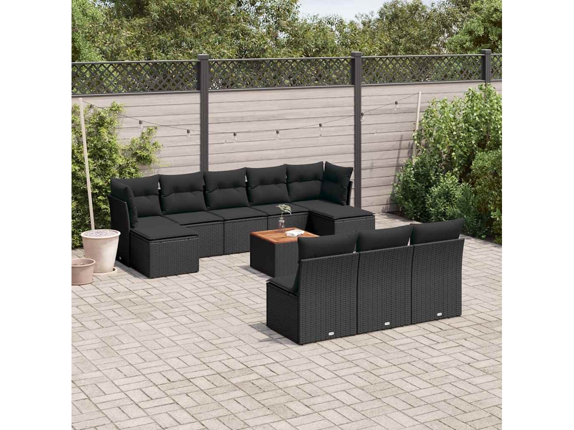 Vidaxl 11 Pcs Conjunto Sofás De Jardim C/ Almofadões Vime Pe Preto