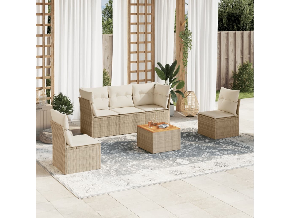 Vidaxl 6 Pcs Conjunto De Sofás P/ Jardim Com Almofadões Vime Pe Bege