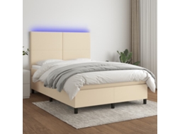 Vidaxl Cama Box Spring C/ Colchão E Led 140x190 Cm Tecido Cor Creme