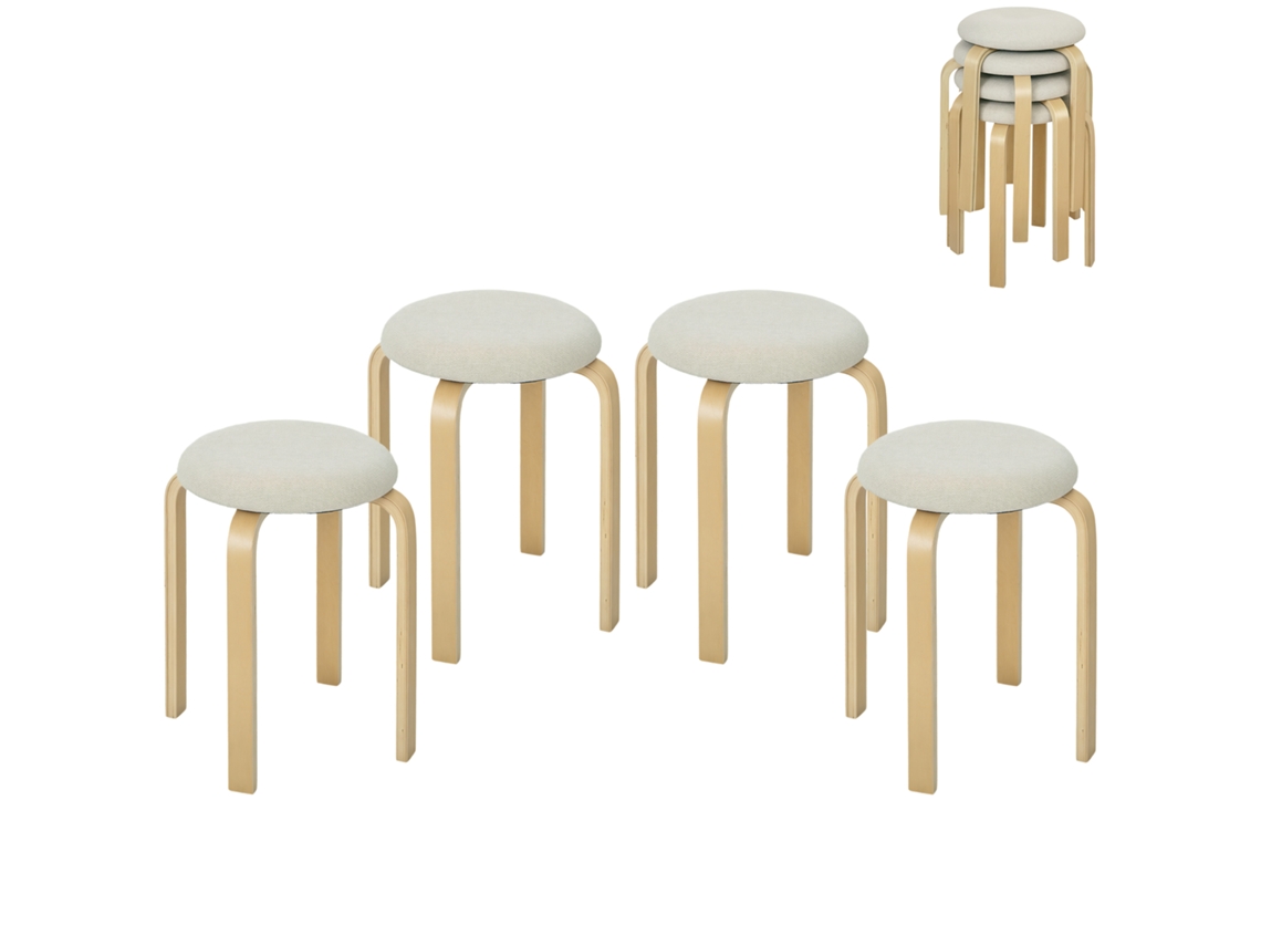 Conjunto De 4 Banquetas Estofadas, Empilháveis, Com Superfície Laqueada, Pés De Madeira, Cor Branco Creme.