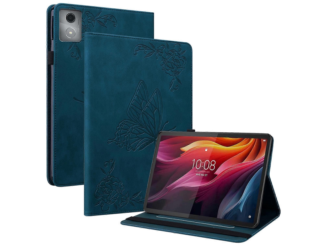 Capa de couro sintético Hengrongshen com estampa de borboleta e compartimentos para cartões para Lenovo Tab K11 Plus, azul
