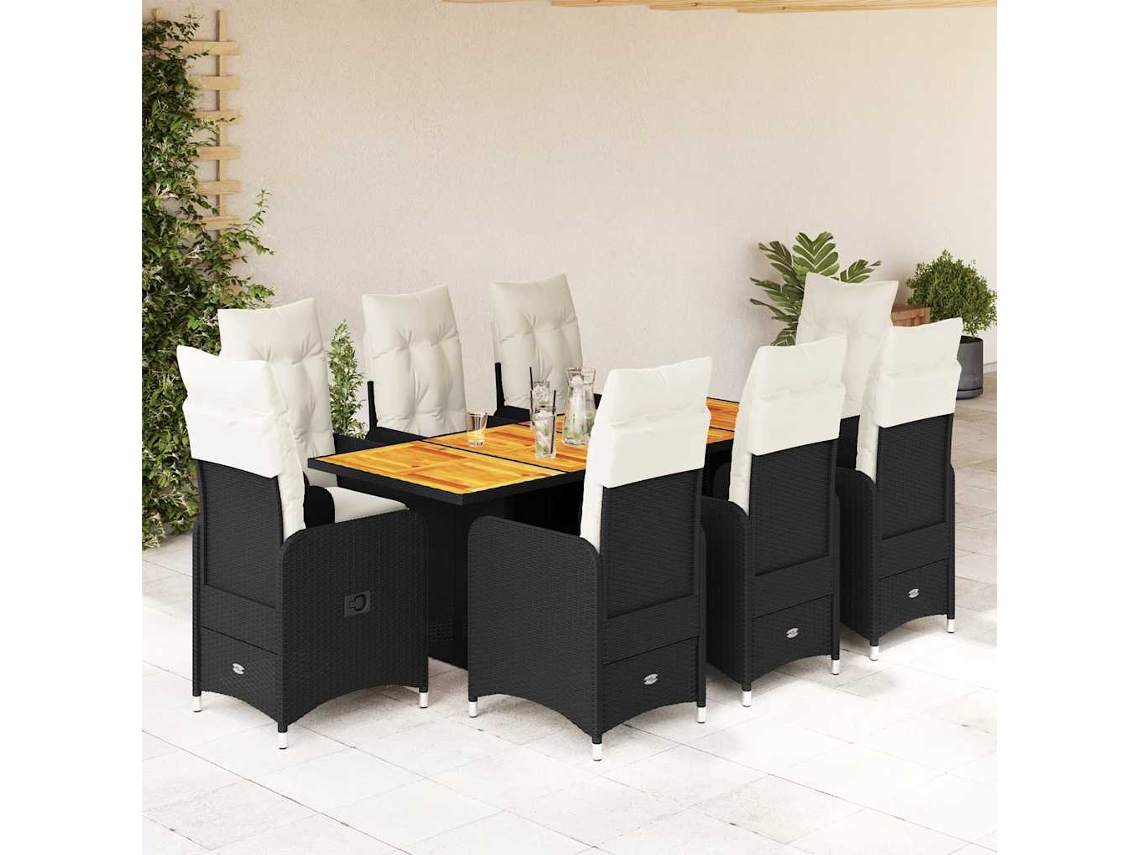 Conjunto Bistrô P/ Jardim C/ Almofadões Vime Pe Preto Dkd Home Decor 9 Peças