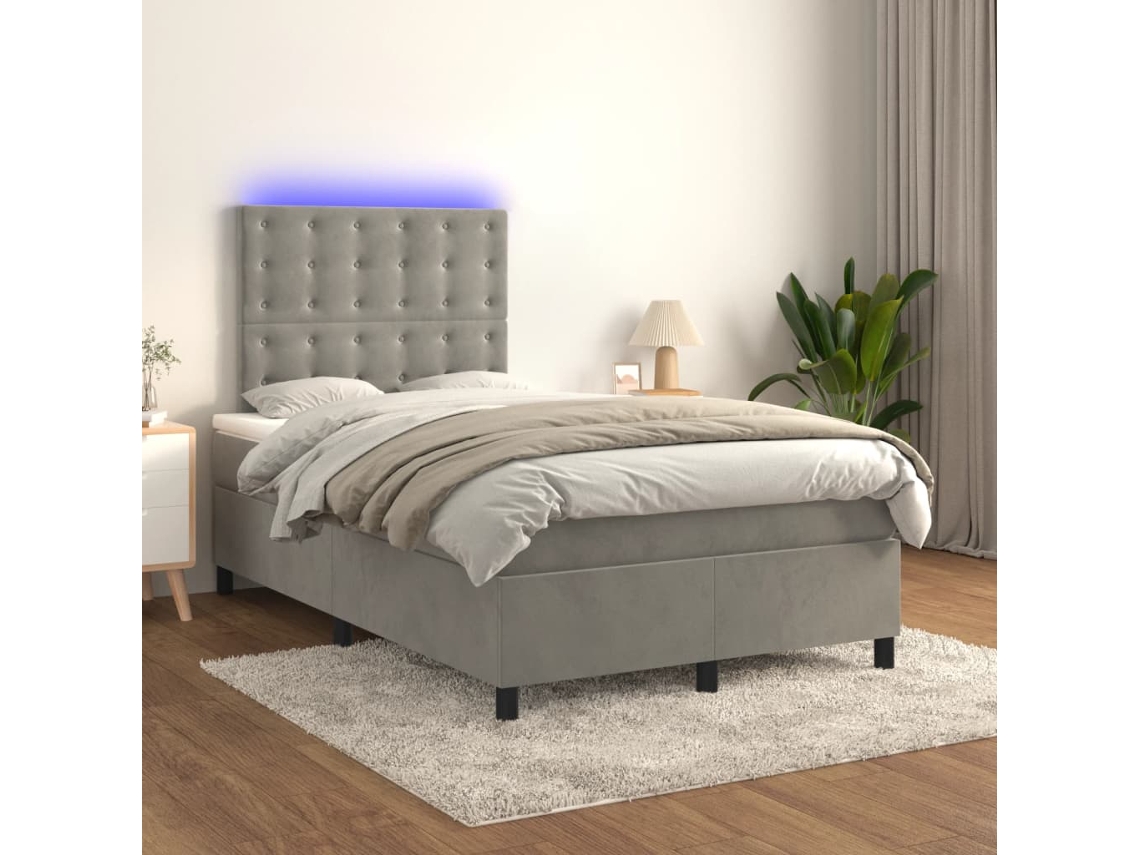 Cama Box Spring C/ Colchão/led 120x200 Cm Veludo Cinzento-claro