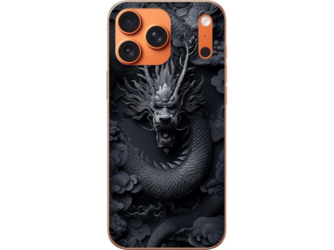 Capa Para Celular Compatível Com Apple Iphone 17 Pro Max. Dragão Detalhado Em Alto-relevo Escuro Com Montanhas E Nuvens, Um Motivo De Fantasia Poderos