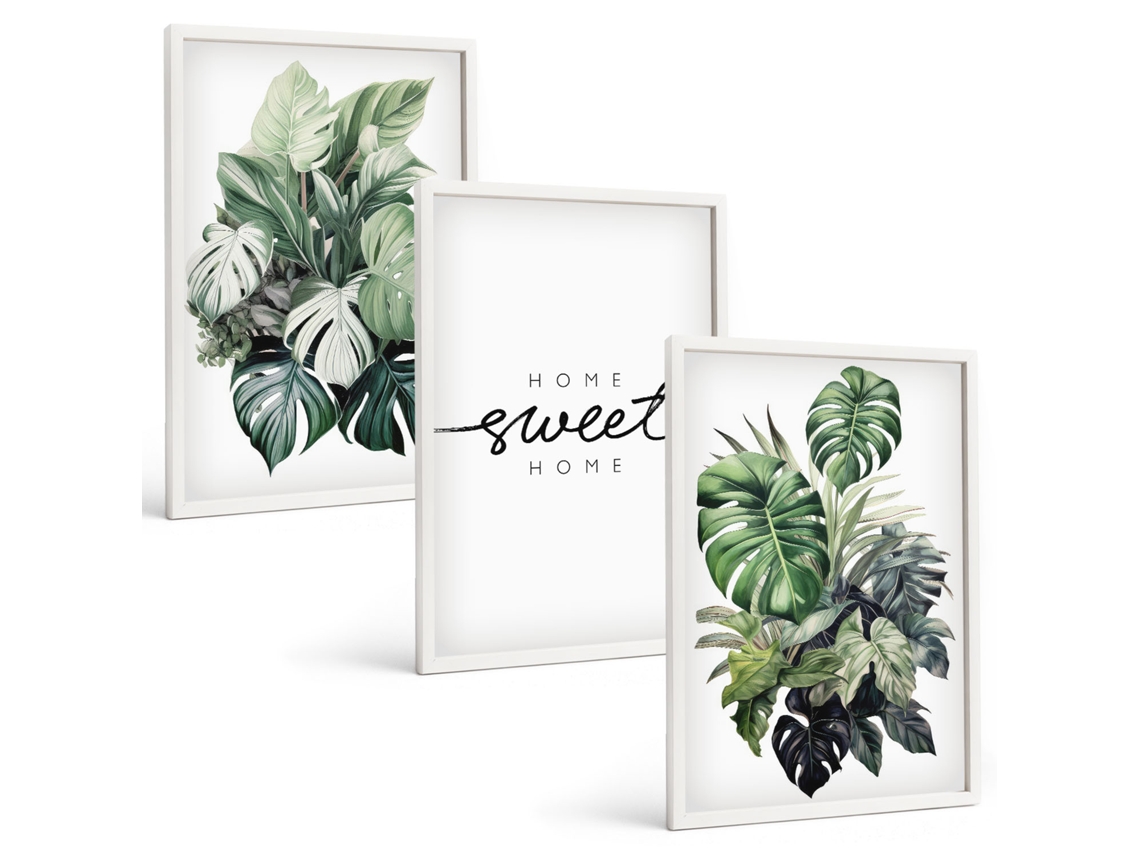 Composição De Quadros Na Parede Plantas Com As Palavras ''doce Lar'' Moldura Branca Imagens Para Um Quarto Infantil Espelharte (3 Piezas De 40x60 Cm)