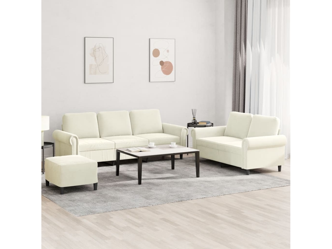 Vidaxl 3 Pcs Conjunto De Sofás Com Almofadões Veludo Cor Creme
