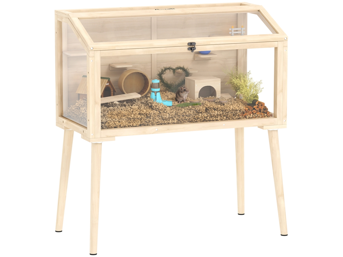 Habitats de Gaiola para Roedores Madeira Fsc Telhado Aberto 7 Plataformas 2 Balanços 110x52x101cm Efeito Madeira Natural Ge