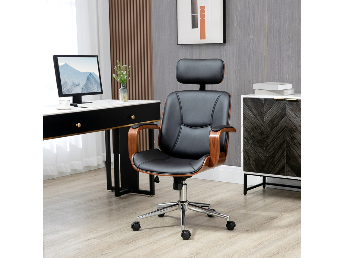 Cadeira De Escritório Operativa De Couro Pu Com Apoio Para A Cabeça Amovível Altura Ajustável 63x62x110-120cm Preto E Madeira