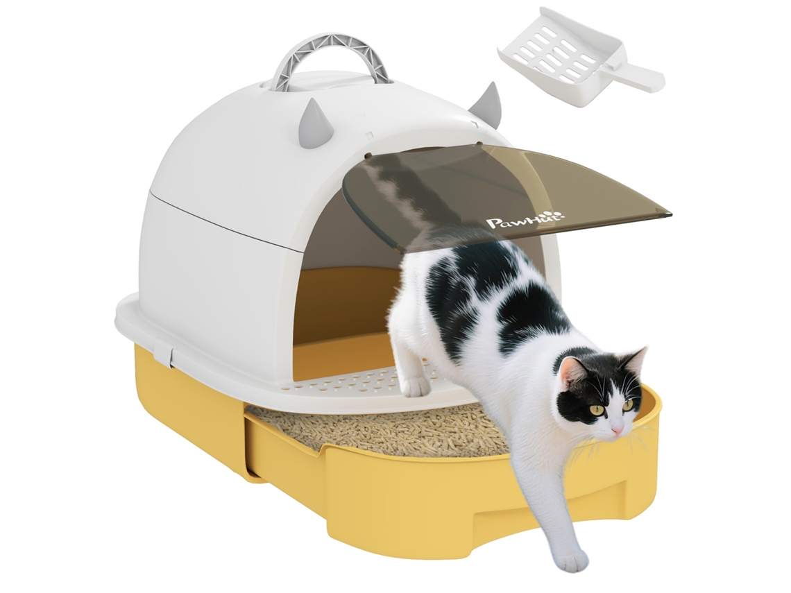 Caixa De Areia Fechada Para Gatos Com Bandeja Removível, Filtro De Carvão Ativado, Pá E Alça Superior, 40,5 X 52 X 39 Cm, Amarela E Branca.