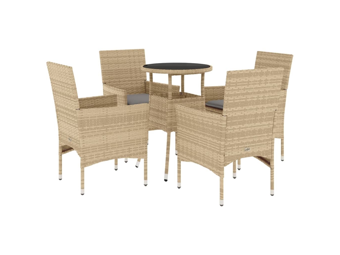 Conjunto 5 jantar jardim com almofadões VIDAXL vime PE/vidro bege