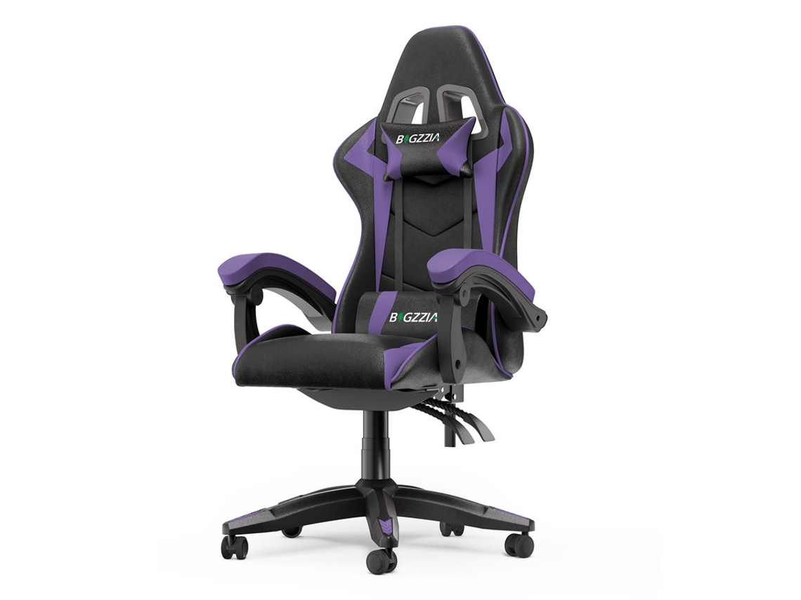 Cadeira Gaming Ergonómica BIGZZIA Modelo A (Até 110KG - Elevador a Gás Classe 2 - Couro PVC - Inclinação 90-155 graus - Preto púrpura)