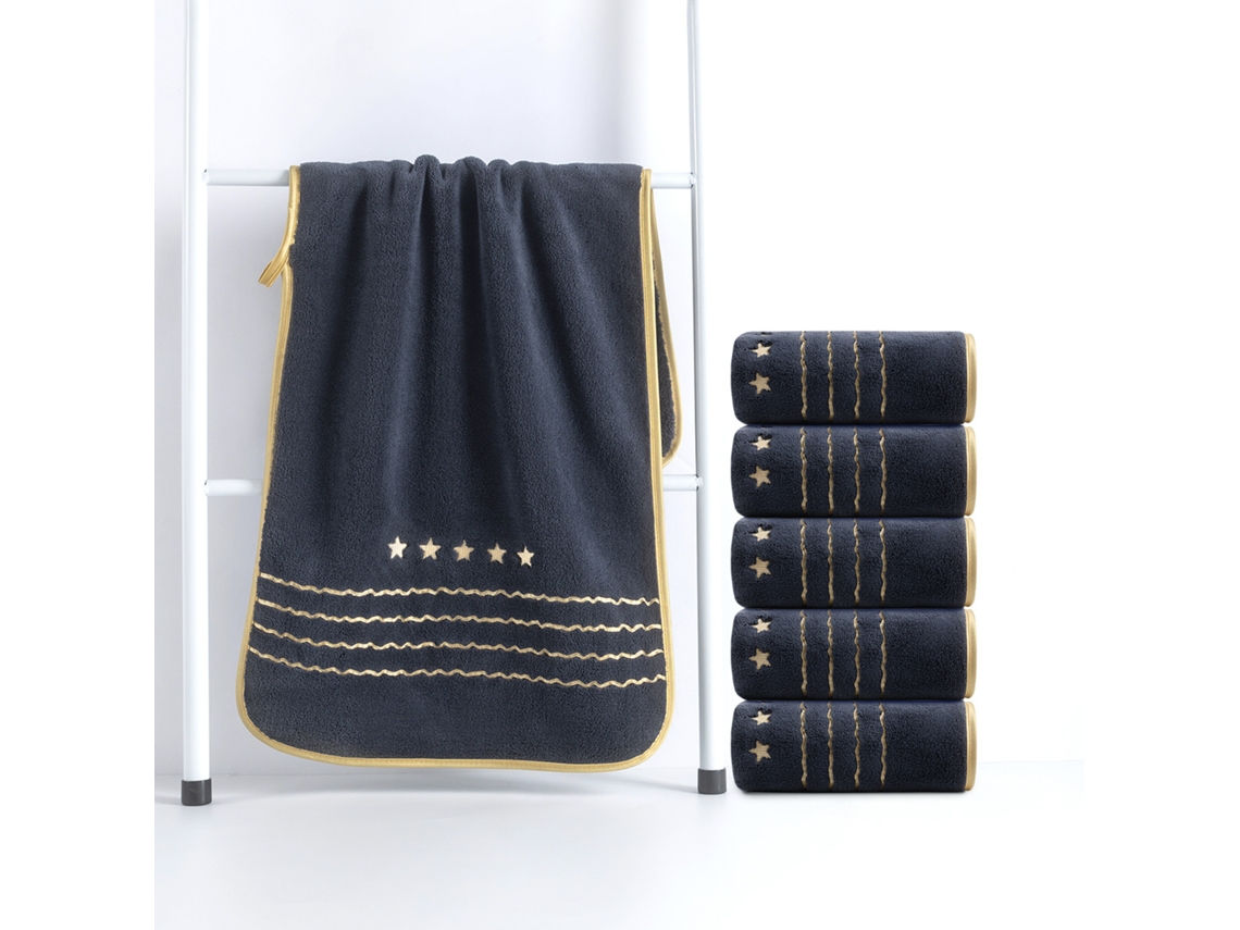 Toalha de Lã Coral Macia e Absorvente com Bordado de Estrela Dourada 6 Peças,preto,35x75cm GERTIZ