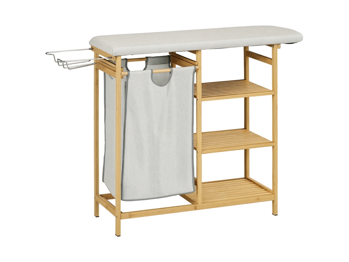 Cesto de Roupa Suja 57.4l com Tábua de Passar Suporte para Ferro 3 Prateleiras e Bolsa Removível 113x34x82 Cm Madeira e Cinza Ge
