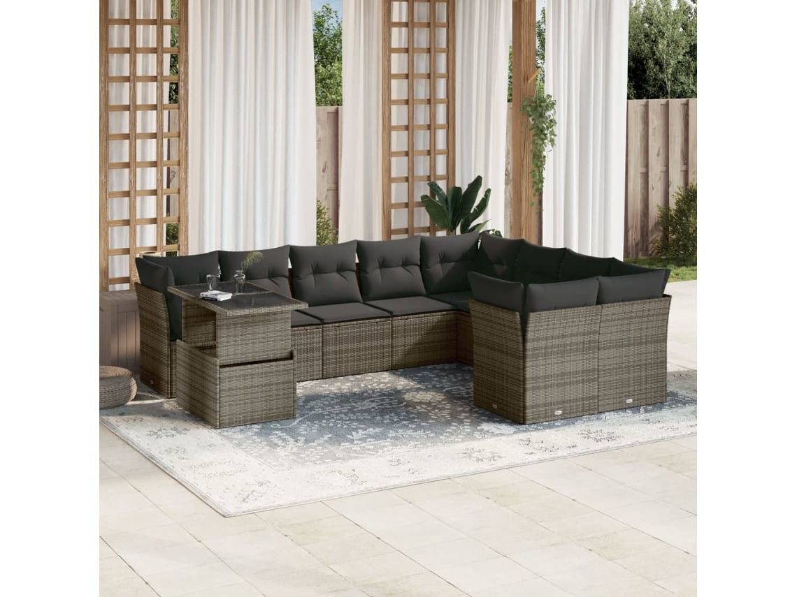 Jogo de Sofá Jardim 10 Peças C/ Almofadões Vime Pe Cinza Dkd Home Decor
