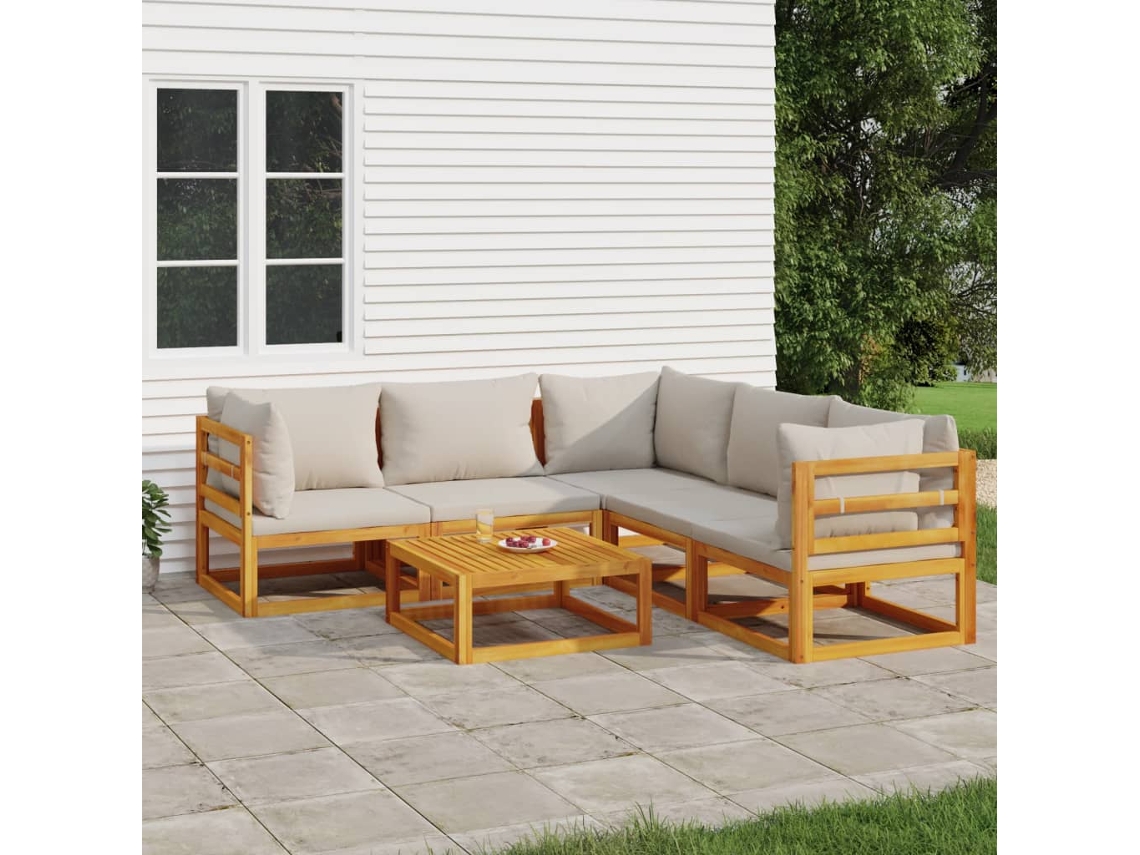 6 pçs Conjunto Lounge De Jardim Madeira C/almofadões Cinza Claro Dkd Home Decor