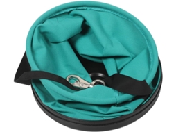 Bolsa para ferramentas reforçada com gancho giratório, parte superior em lona verde resistente, base rígida e alta capacidade de carga.