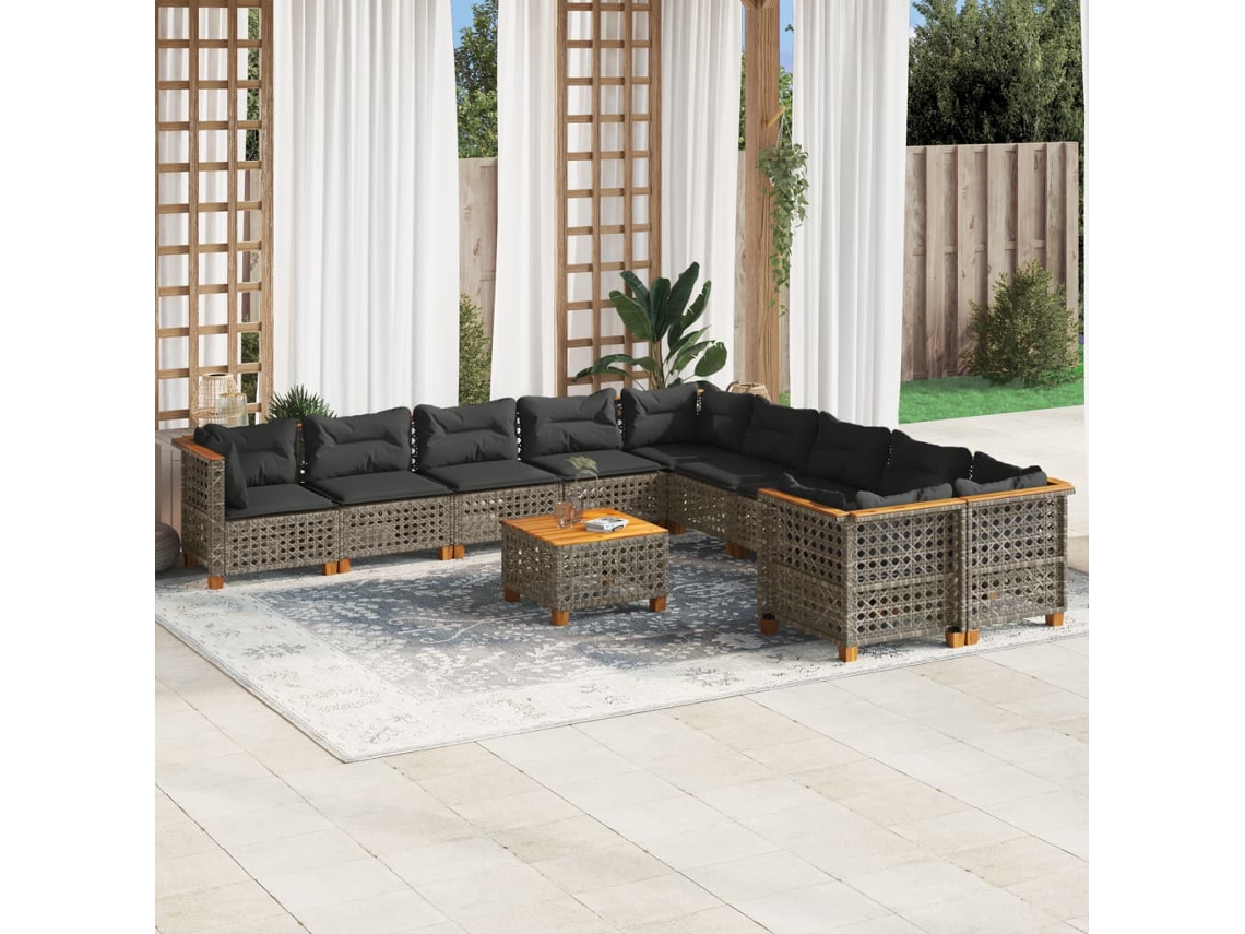 Vidaxl 11 Pcs Conjunto Sofás De Jardim C/ Almofadões Vime Pe Cinzento