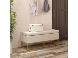 Banco Baú De Arrumação 2 Em 1, Assento Acolchoado E Pés De Aço – 110 × 44 × 48 Cm Bege E Dourado
