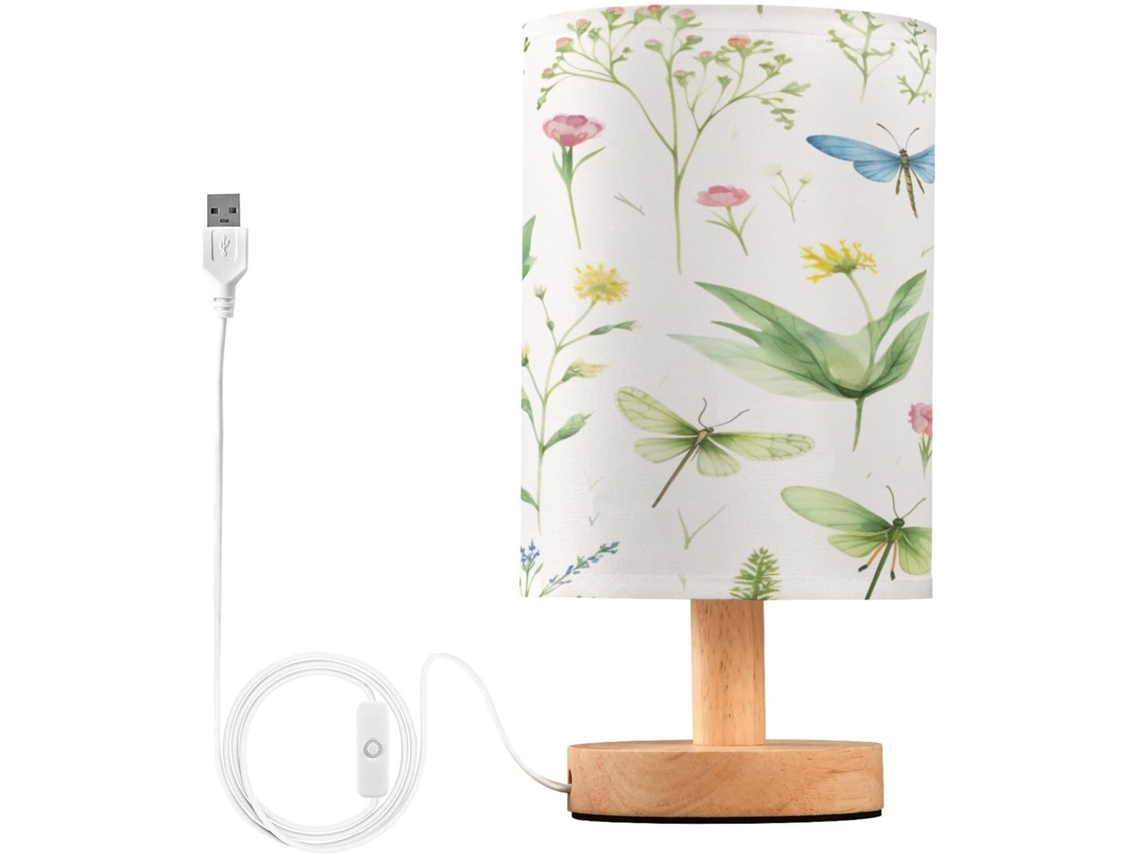 Abajur De Cabeceira Com Estampa Floral Em Aquarela, Portas De Carregaje USB C, Luminária De Mesa Cabeceira, Luminária