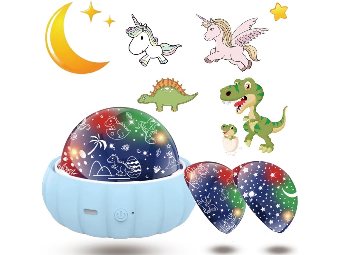 Luz Noturna 3 em 1: Céu Estrelado, Dinossauro e Unicórnio, 7 Cores, Luz Noturna Infantil, Rotação 360°, Recarregável Via Usb BRILVIBERA