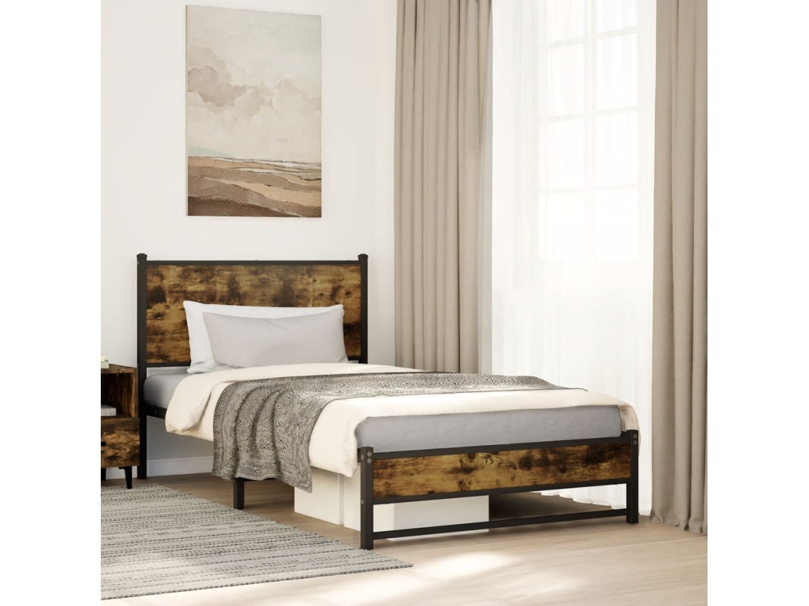 Estrutura De Cama Sem Colchão 107x203 Cm Metal Carvalho Fumado