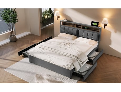 Cama de Casal com Cabeceira e Gavetas Estofada Tomada Usb-C Regulável JUMUA (94x143x204cm)