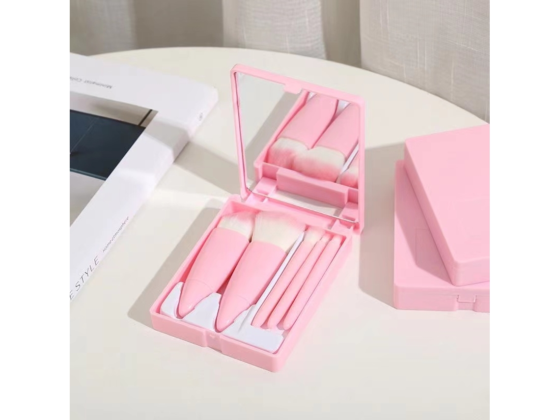 Mini Conjunto de Pincéis de Maquiagem com Espelho, Macios e Fofos, Ferramentas de Maquiagem MDUG (rosa)