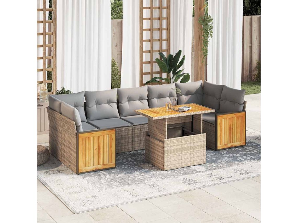 Vidaxl 8 Pcs Conjunto Sofás Jardim Com Almofadões Vime Pe/acácia Bege