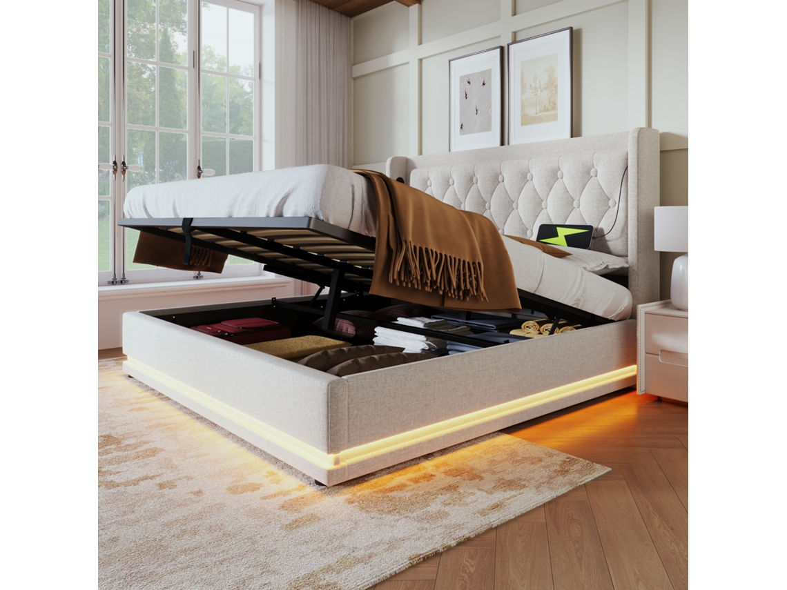 Cama Com Baú Estofada 180 X 200 Cm Em Tecido De Algodão - Com Função De Recarga E Led Na Base Da Cama - Bege