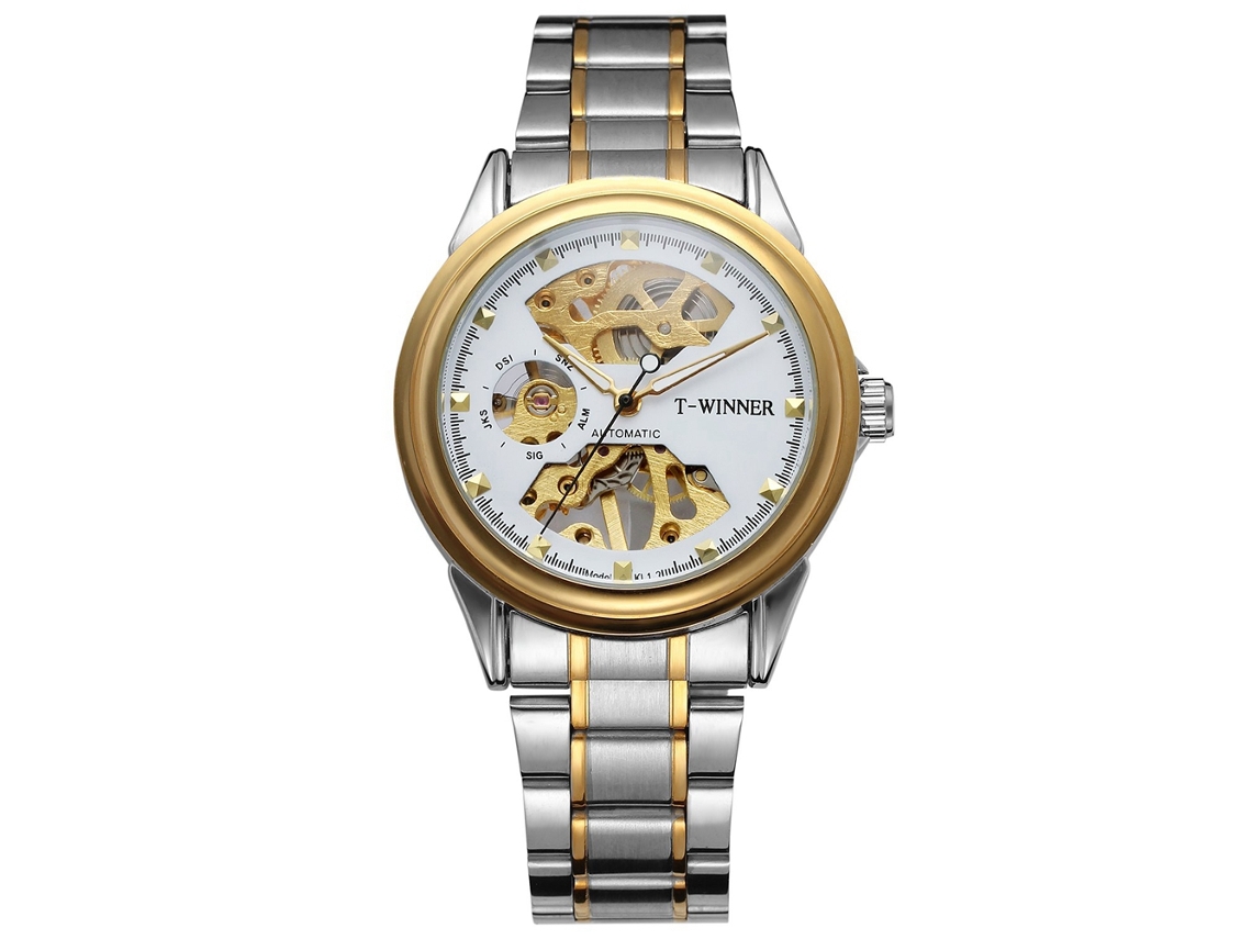 Reloj Hombre Casual Mecánico Dial Hueco Correa Acero Inoxidable Impermeable Blanco