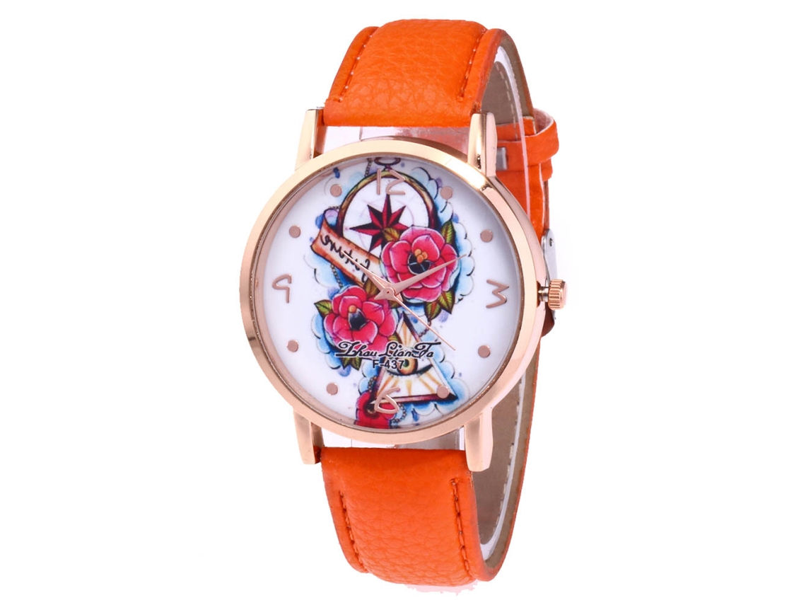 Relógio casual de quartzo para estudantes com pulseira de couro PU laranja.