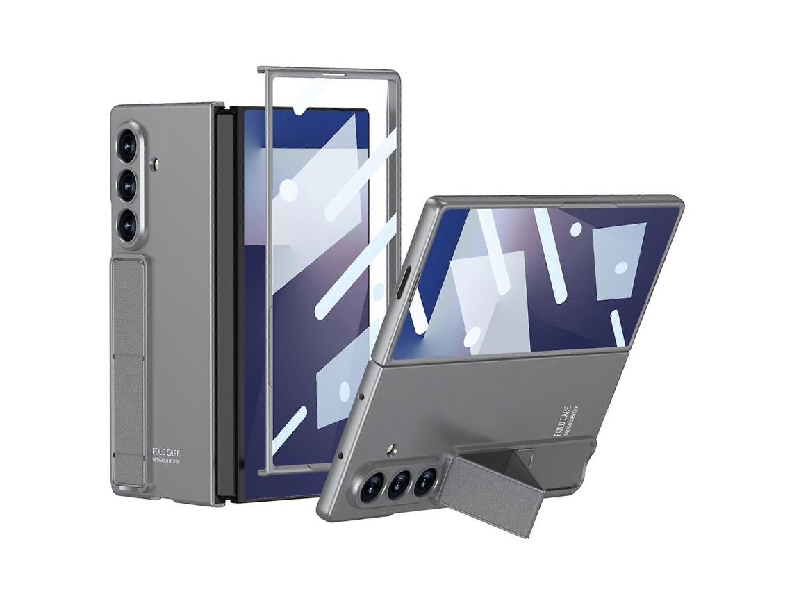 Capa Gkk Para Samsung Galaxy Z Fold7 5g Com Suporte De Pc Capa Traseira De Vidro Temperado Cinza