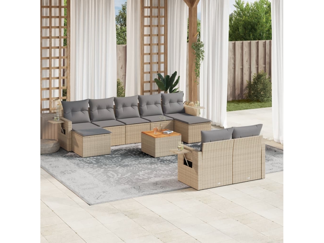 Vidaxl 10 Pcs Conjunto De Sofás P/ Jardim Com Almofadões Vime Pe Bege