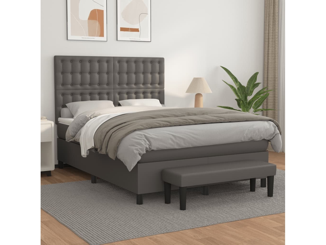 Vidaxl Cama Com Molas/colchão 140x200 Cm Couro Artificial Cinzento