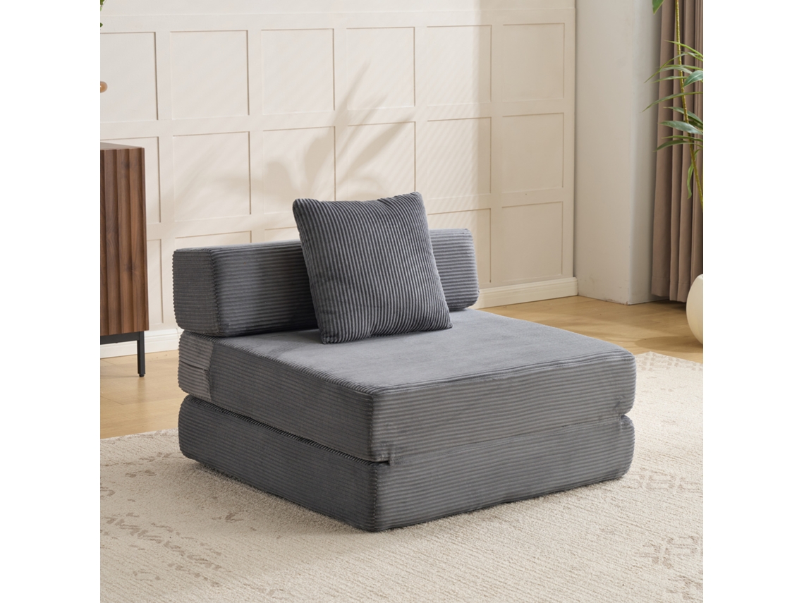 Sofá De Chão Compacto Conversível Com Apoio Para Cabeça E Braços, Cama De Solteiro, Tecido Veludo, Cinza Escuro